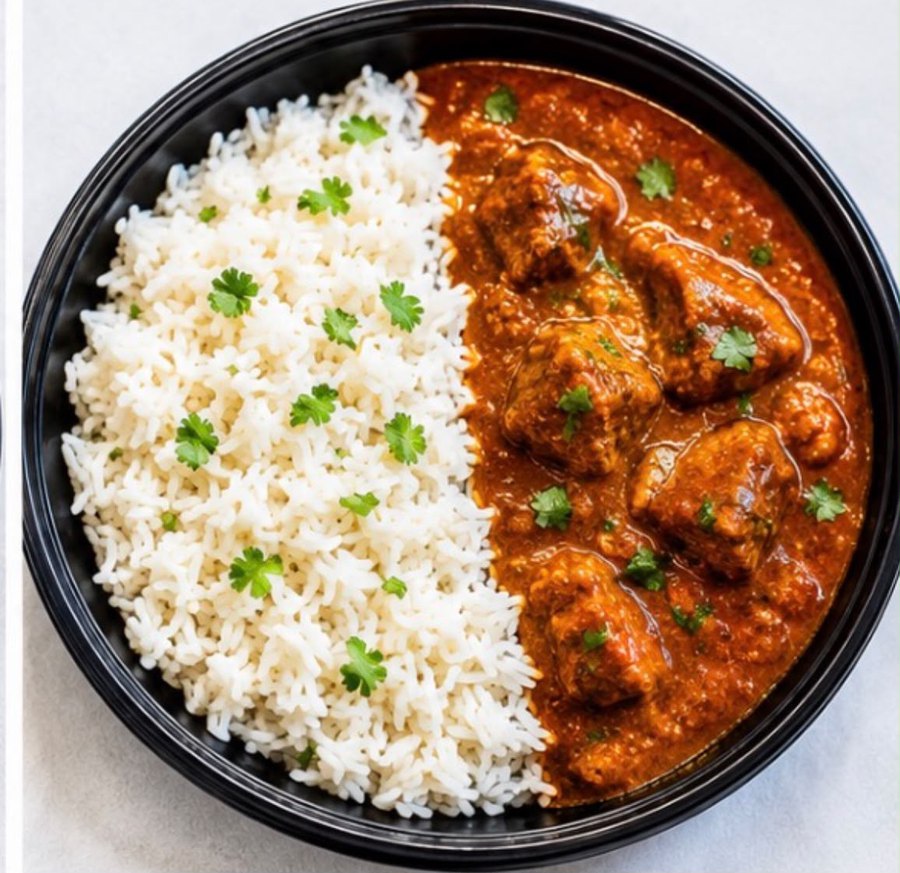 Butter chicken in a creamy tomato sauce scattered with coriander, served beside white basmati rice in a black bowl