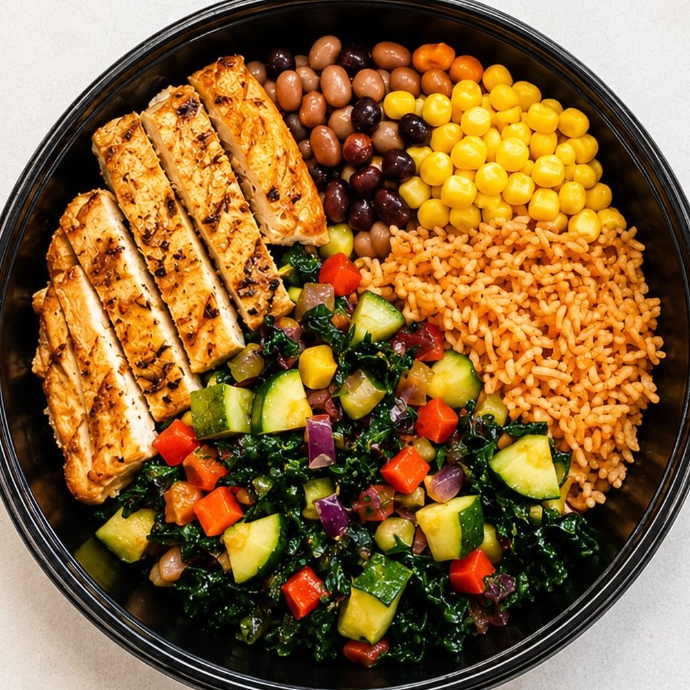 Grilled sliced chicken with mixed beans, sweetcorn, spiced rice and a chopped kale and courgette salad in a black bowl