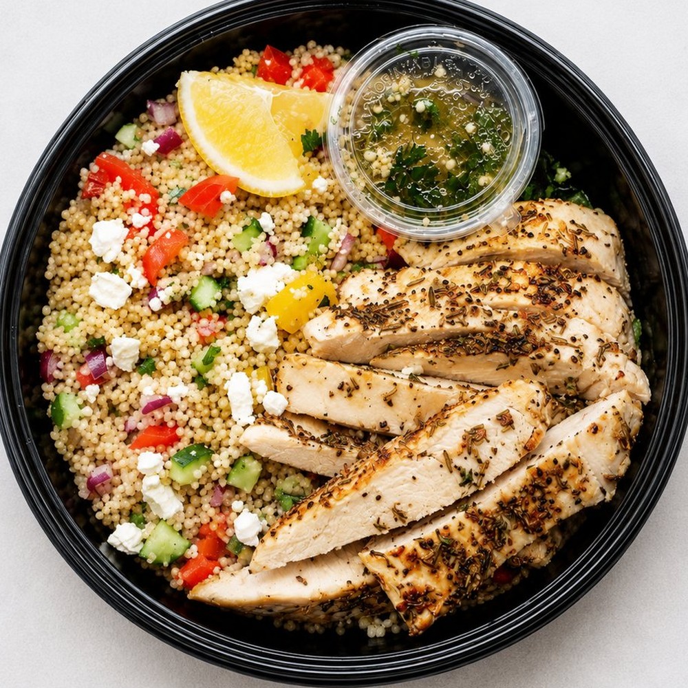 Herb-grilled chicken with pearl couscous, feta, peppers and a lemon wedge, dressing in a pot on the side, in a black bowl