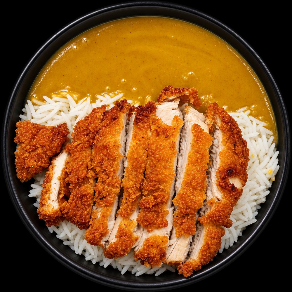 Sliced breaded chicken katsu over basmati rice with a smooth golden curry sauce in a black bowl