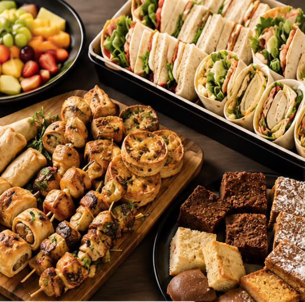 Sausage rolls, chicken skewers and savoury swirls on a wooden board, with wraps, sandwiches and traybakes alongside