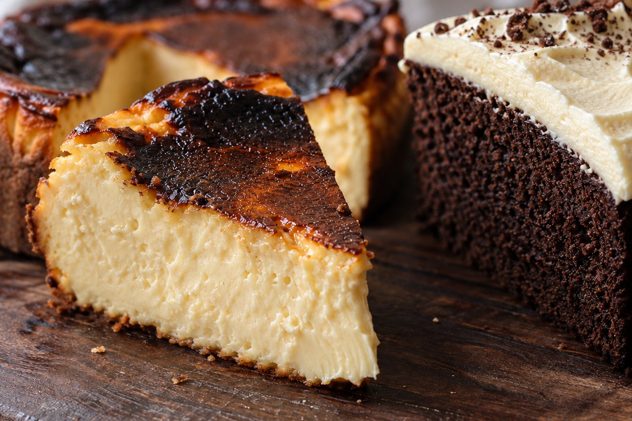 A slice of burnt-top Basque cheesecake pulled away from the whole cake, beside a wedge of dark Guinness chocolate cake with cream cheese frosting, on a wooden board