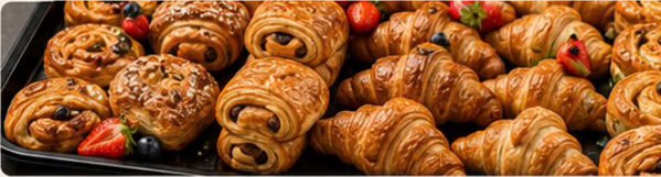Pain au chocolat, cinnamon swirls and butter croissants with berries