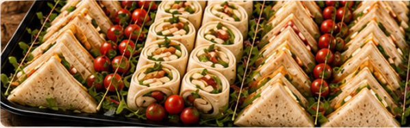 Cut sandwiches and rolled wraps arranged in rows with cherry tomatoes and cress