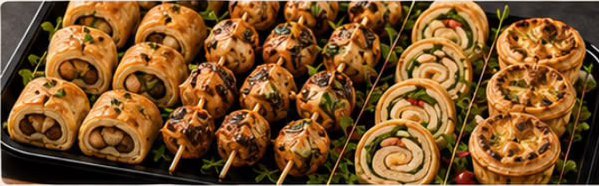 Mini sausage rolls, chicken skewers, savoury swirls and cheese tartlets on a black tray