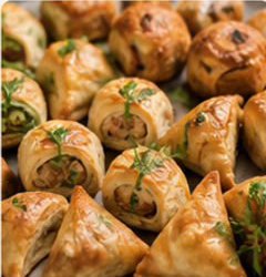 Close-up of golden mini sausage rolls and samosas